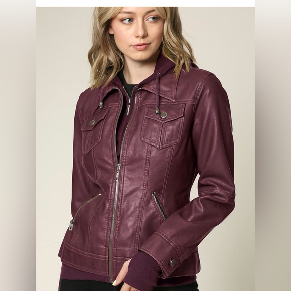 Faux Leather Jacket Women Motorcycle Coat for Biker with Removable Hood -wine - Picture 4 of 7